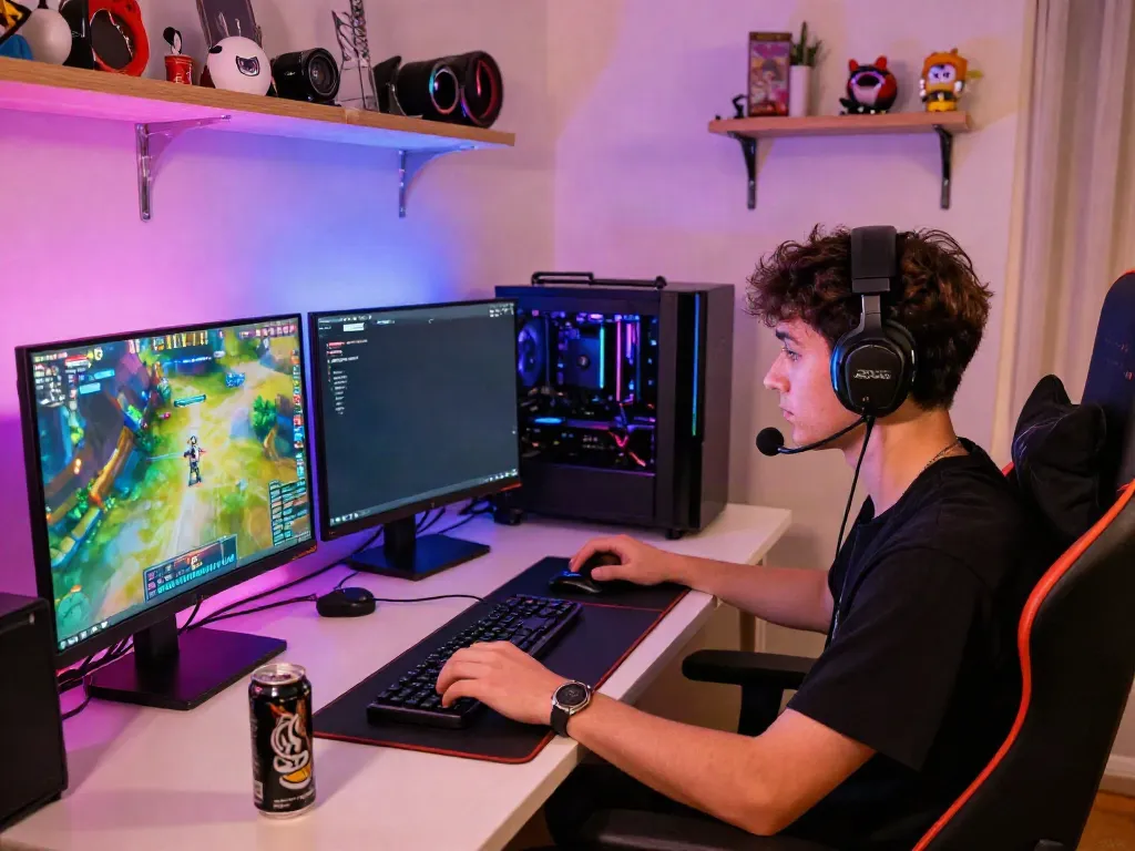 Engaged online gamer at du88az.net gaming setup with vibrant RGB lighting.