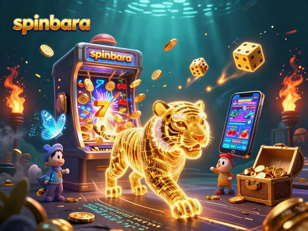 Engage with spinbara casino adventures featuring a radiant golden tiger in a vibrant 3D digital landscape.