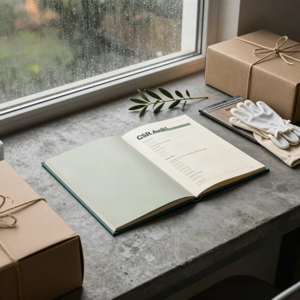 Mesa de campaña social con carpetas, cajas de donación, kit de voluntariado y rama de olivo bajo lluvia suave.