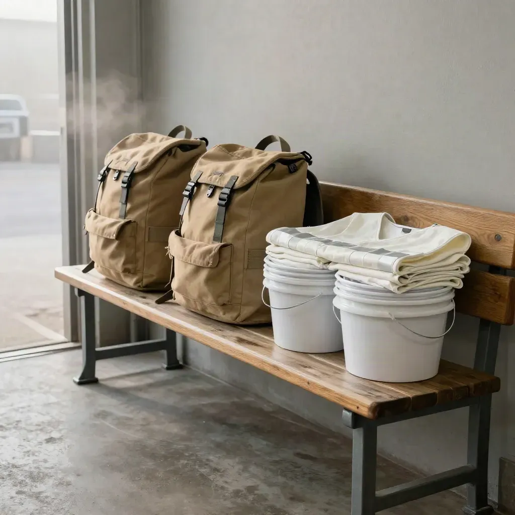 Banco de madera junto a una salida con mochilas, chalecos y cubos listos para voluntariado.