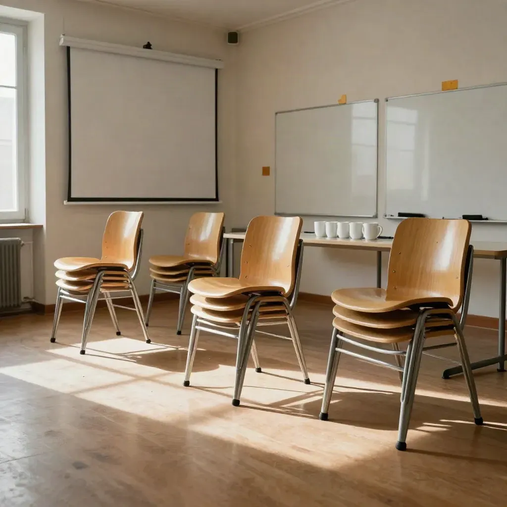 Aula vacía con sillas apiladas, pantalla apagada, pizarras limpias y tazas bajo luz de tarde.