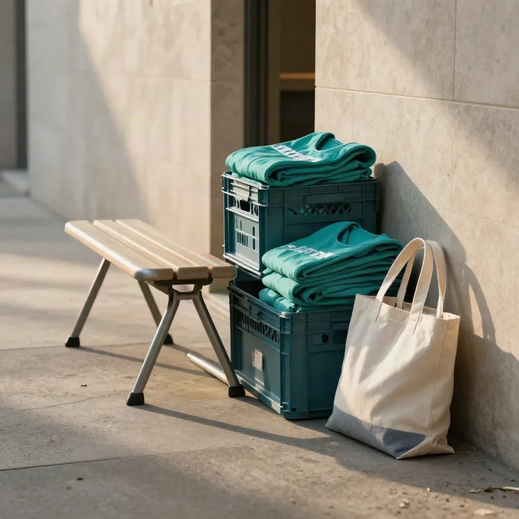 Materiales de voluntariado guardándose al final de la jornada en un pasillo con luz cálida.