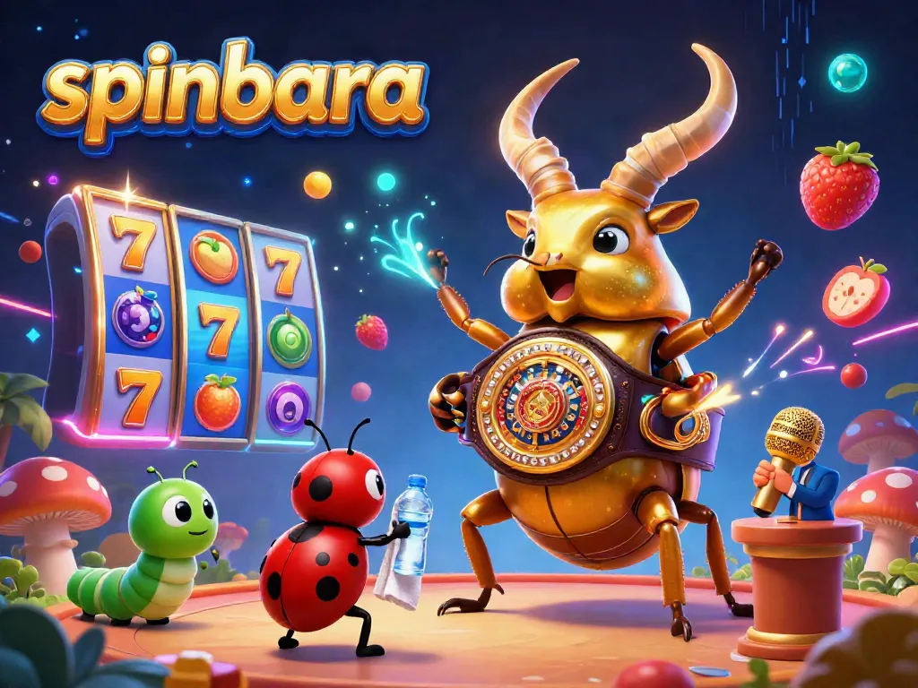 Spinbara offers vibrant slot action with a giant beetle and ladybug crew in a dynamic 3D casino scene.